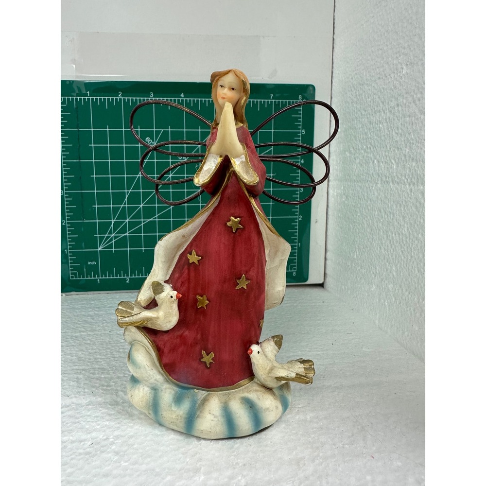 Greenbrier Praying Angel Figurine Red Gown with Doves Polystone Statue